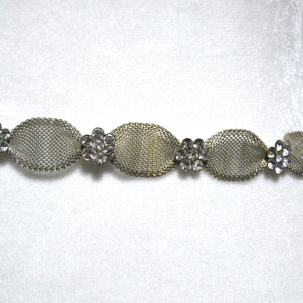 Silver Mesh Metal & Rhinestone Floral Belt Bridal - Picture 2 of 9
